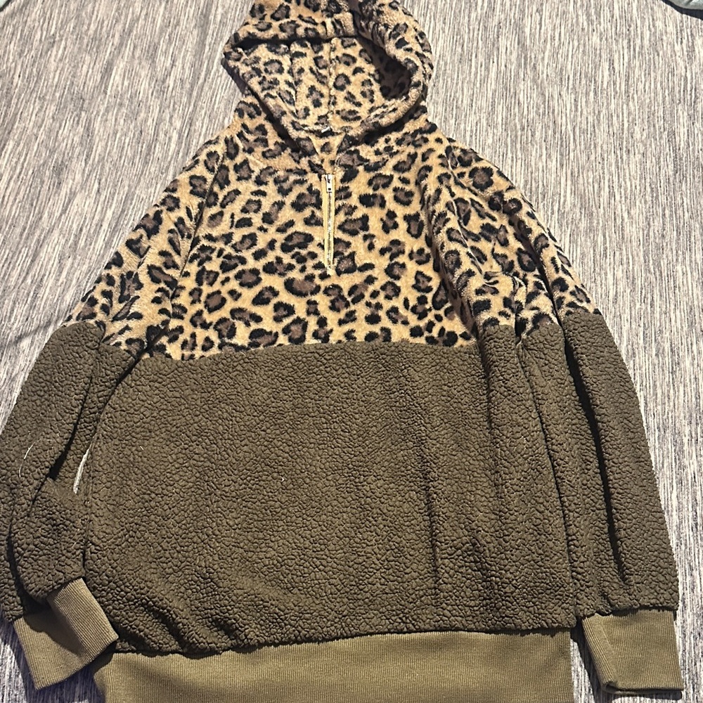 Leopard Print and Olive Sherpa Hoodie